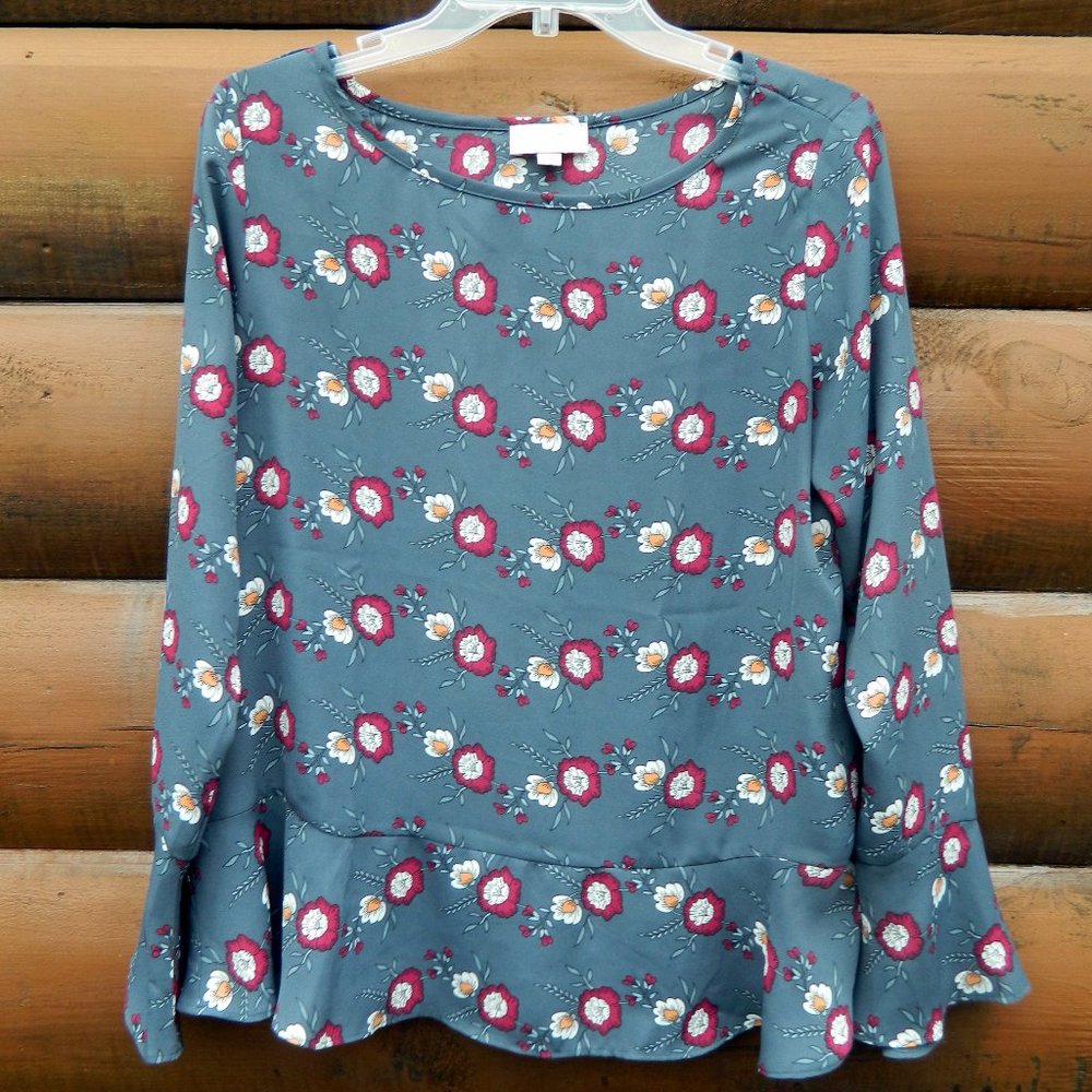 LOFT Women's Blouse Gray White Floral Poppies Crossover Back, Size S